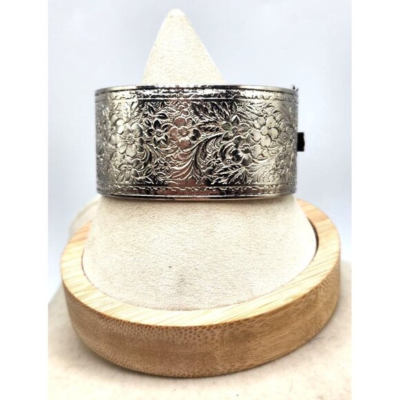 Silver Tone Cuff Bracelet With Safety Chain, Floral Etching - Picture 1 of 4